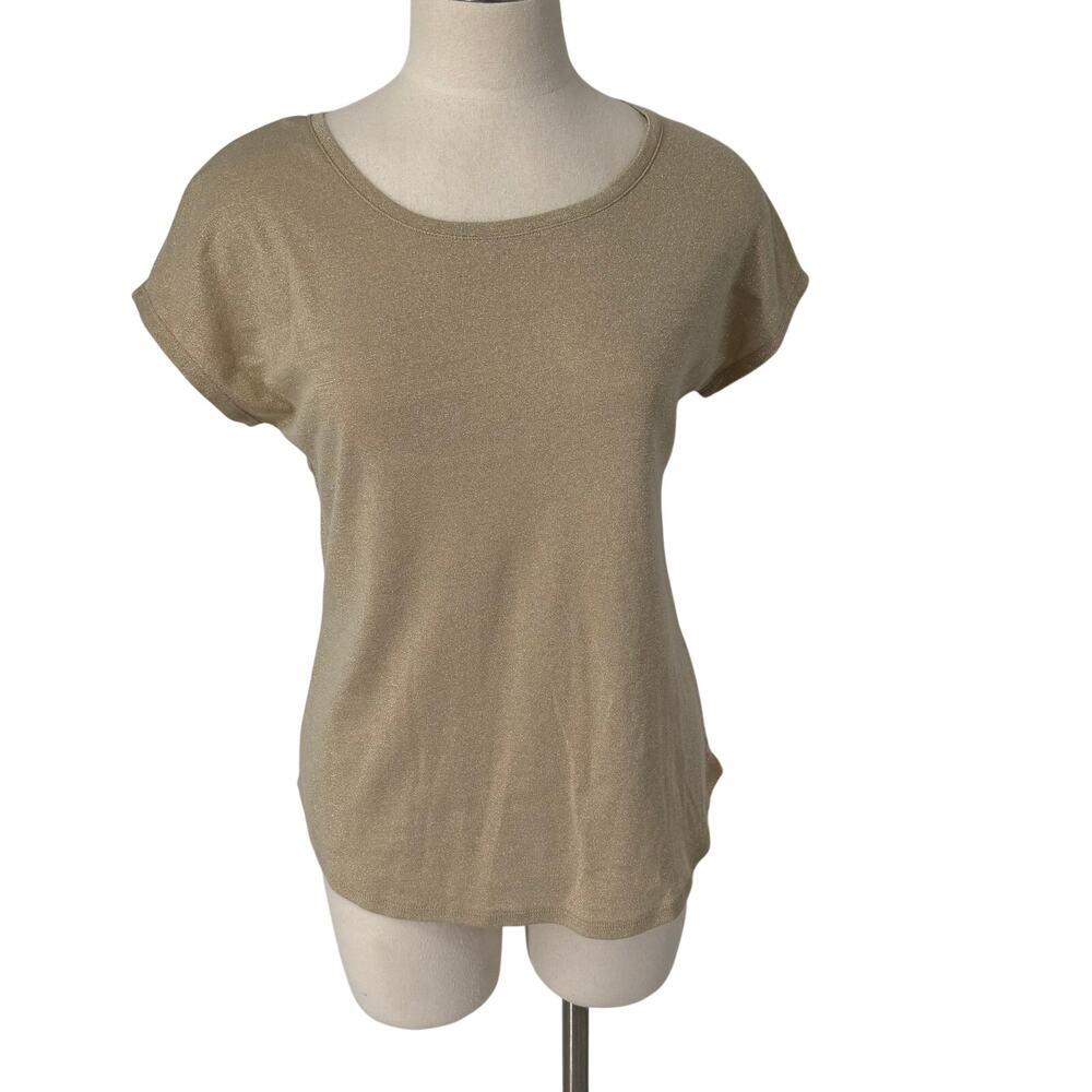 Chicos Scoop Neck Shimmer T-Shirt SZ 1 Gold Shimmer Cotton Blend Dolman